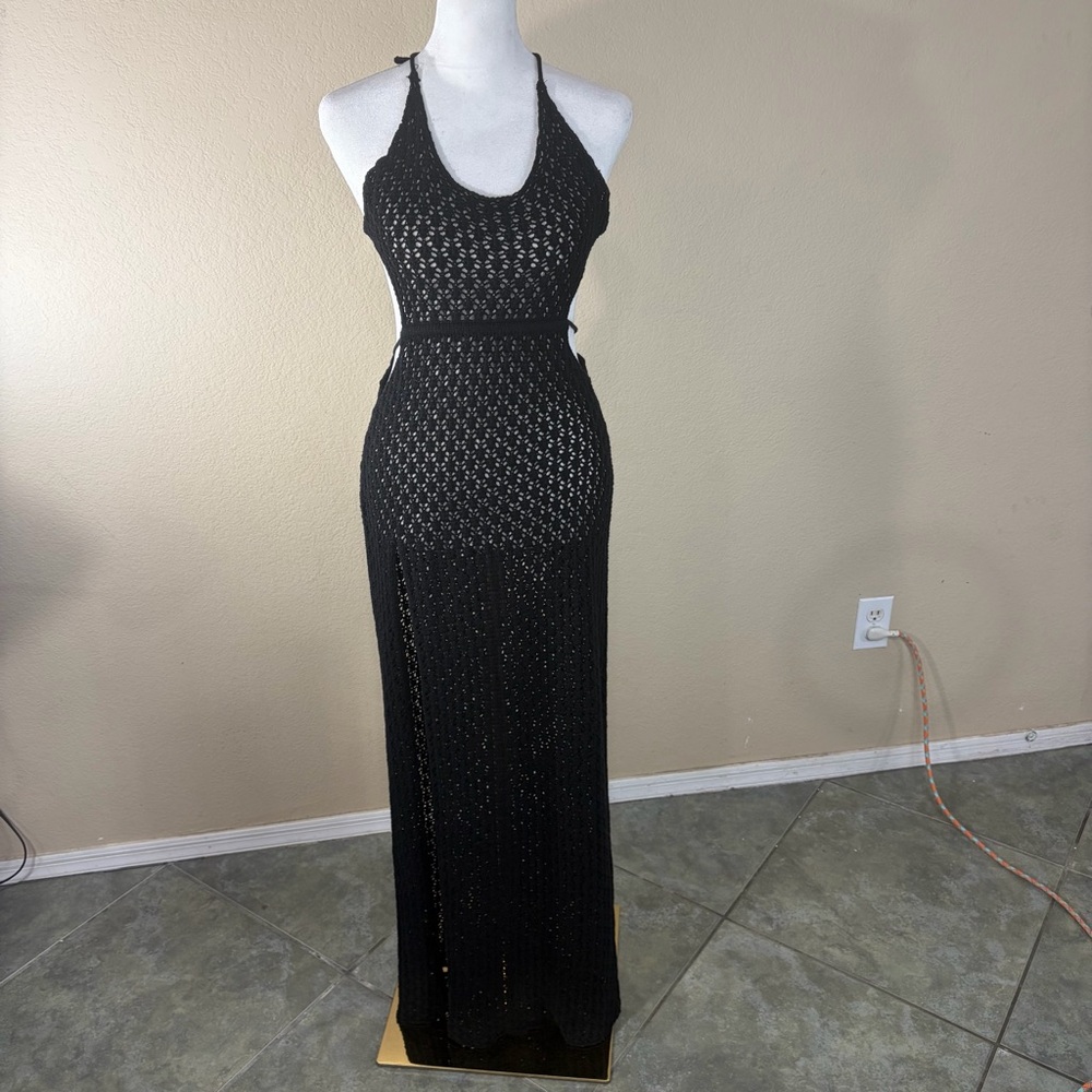 Meshki Malia Cut Out Crochet Maxi Dress Black Sz S Beachy Vacay Honeymoon - Picture 4 of 12